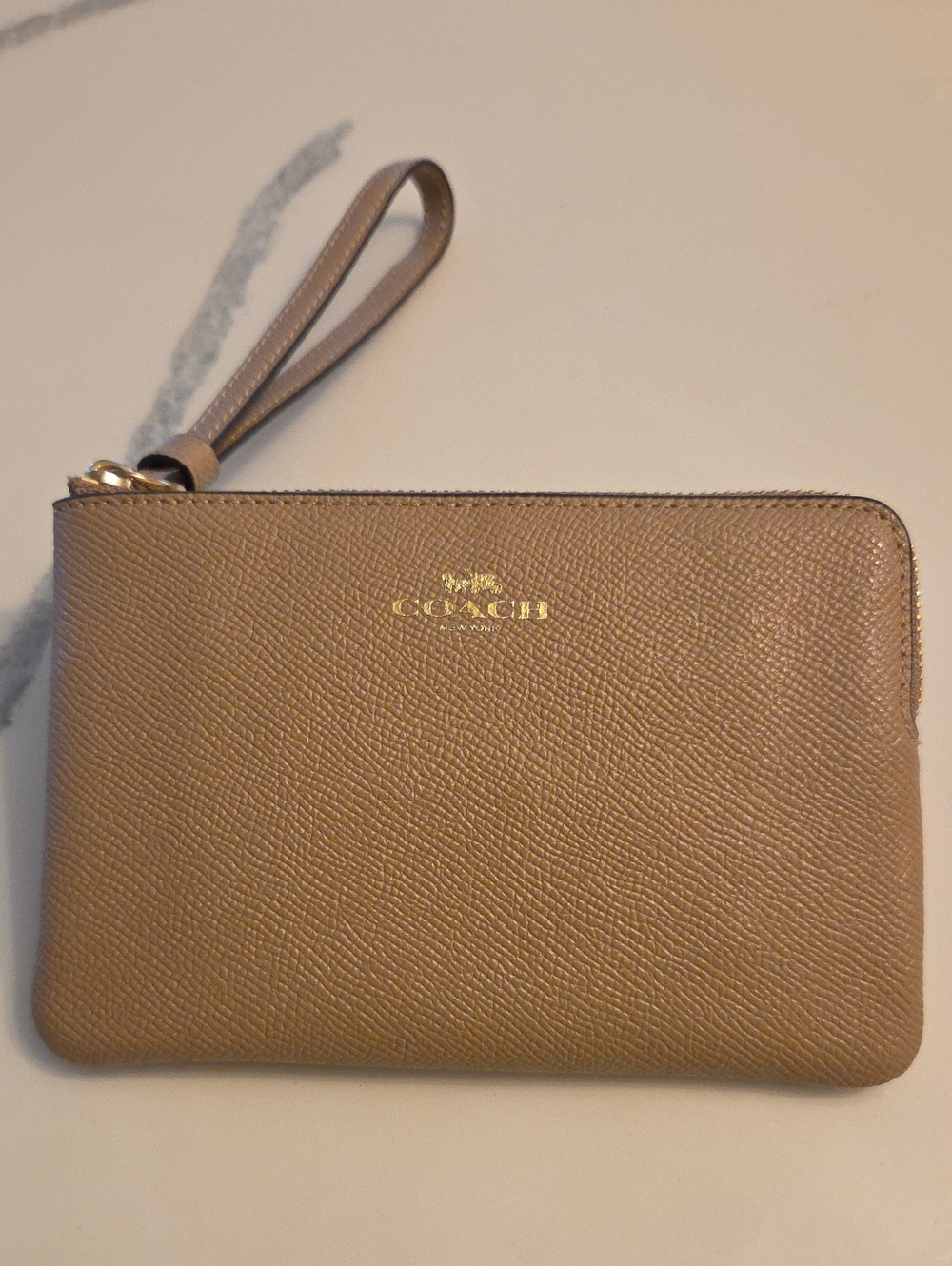Coach Gold Logo Tan Leather Wristlet